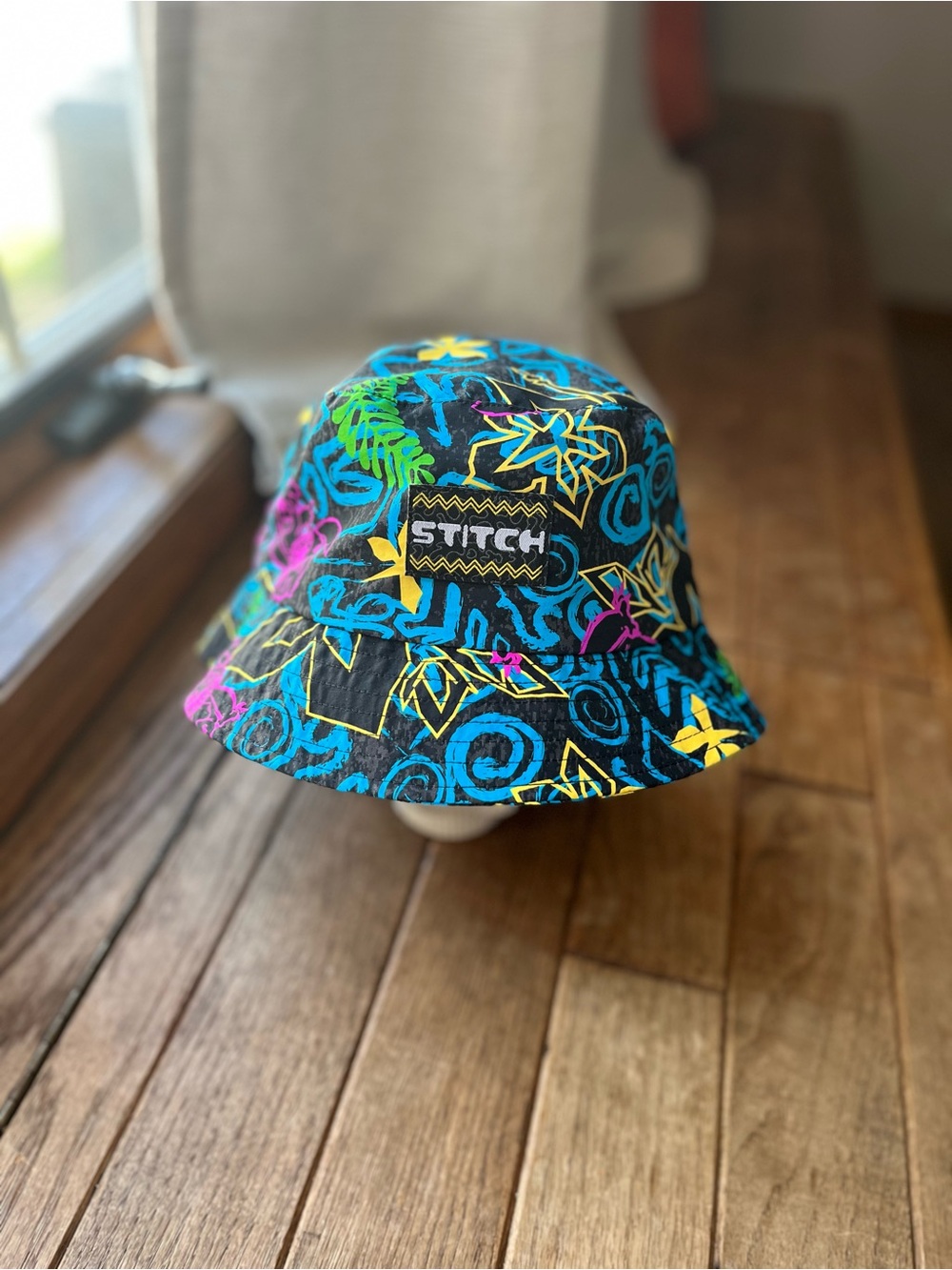 Disney Stitch Black Bucket Hat with Neon Tropical Accents